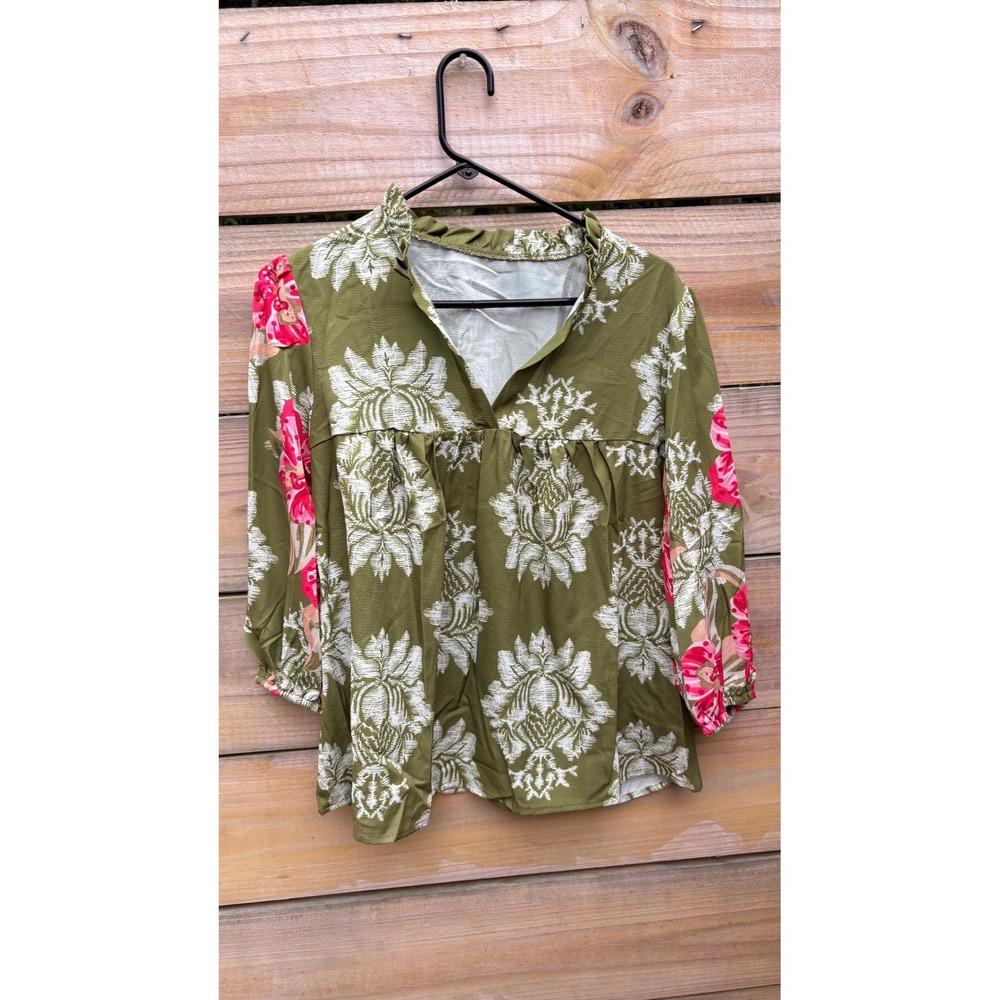 Olive Green Floral Empire Waist Ruffle Neck Blouse Pink Sleeves XL